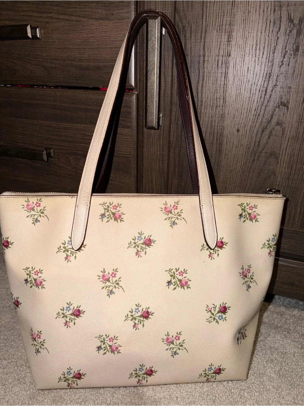 Coach Cream Floral Pebble Leather Tote with Brown Straps